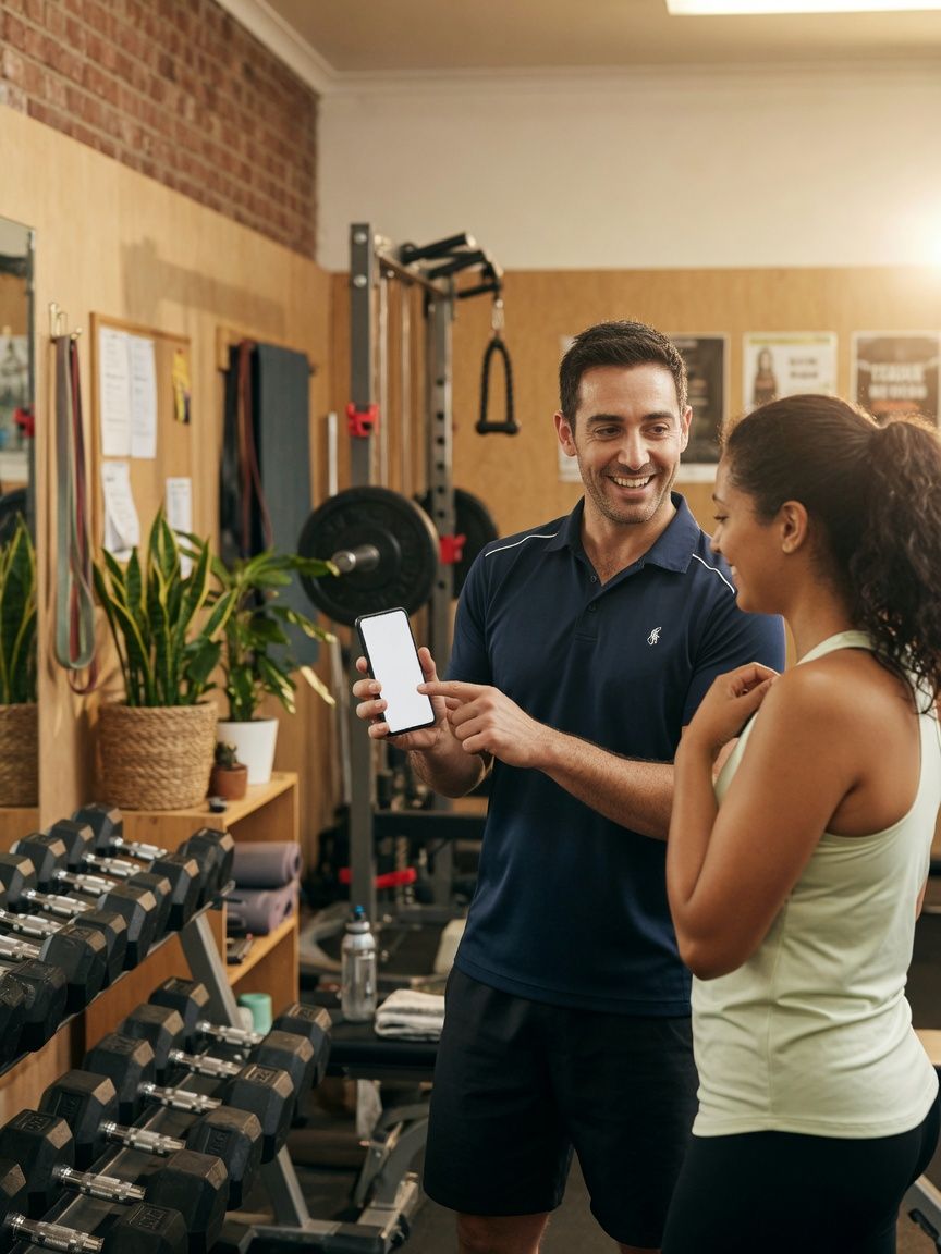 A trainer showing a member WellForm on a phone